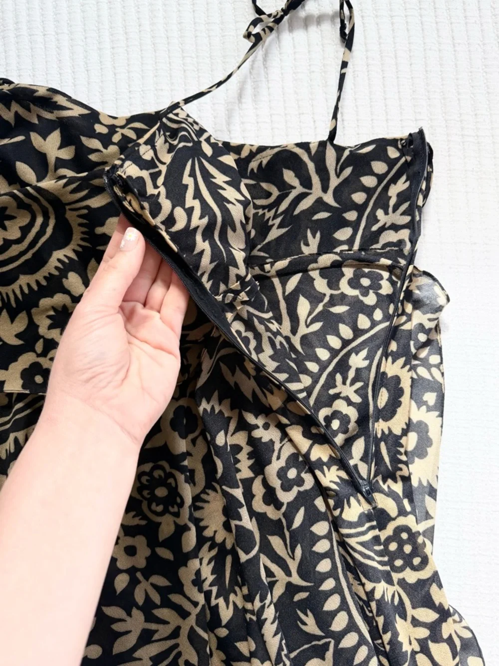 70’s Vintage Black & Tan Printed Tiered Maxi Handkerchief Dress with Tie Straps - Picture 6 of 6